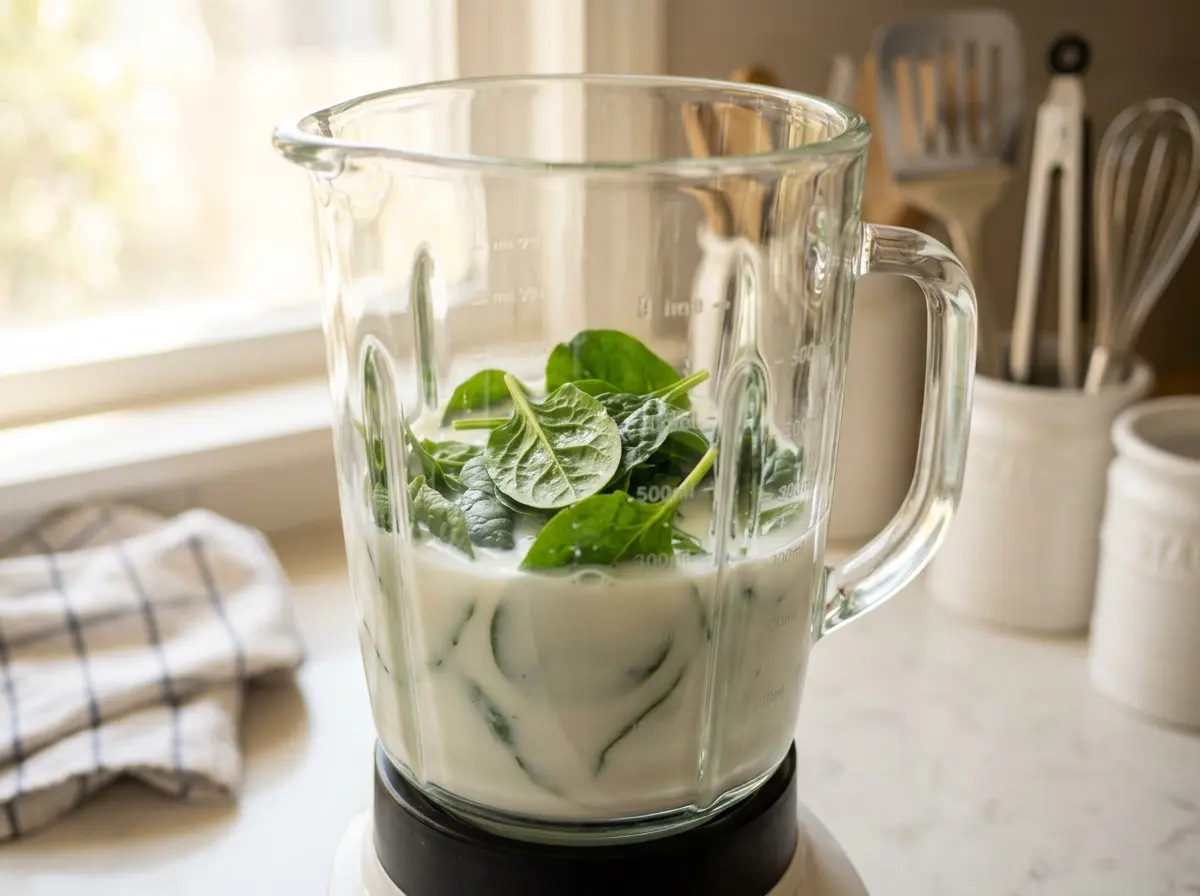 Spinach and liquid in blender for green smoothie recipes