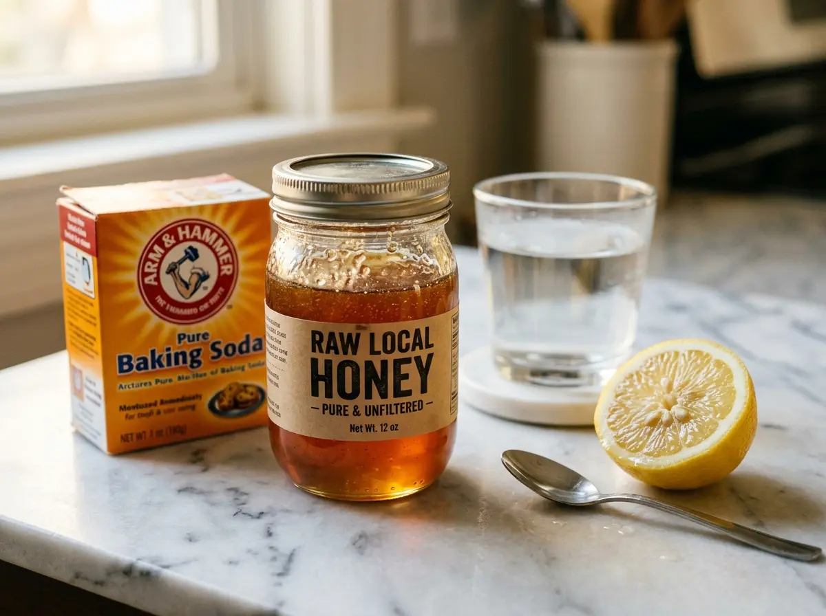 Ingredients for honey baking soda drink on counter