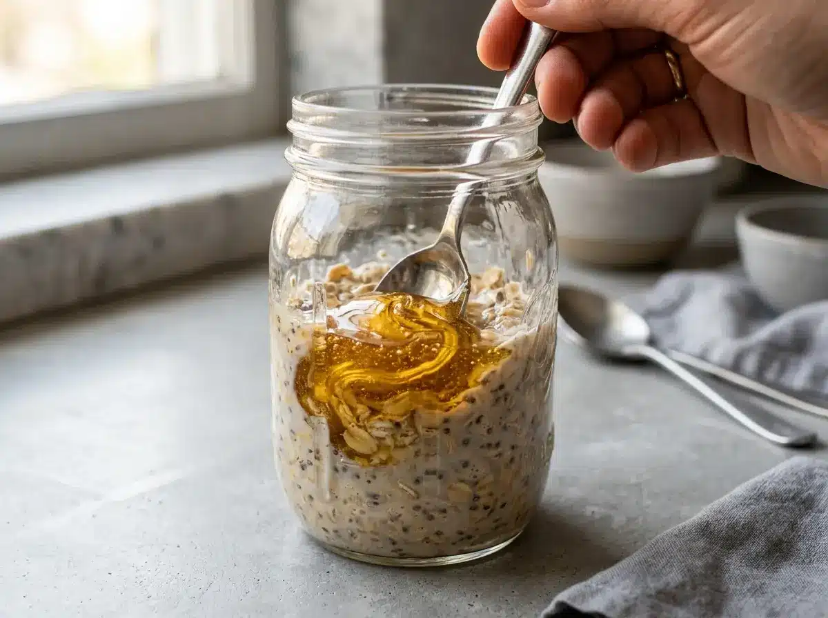 honey-oats-recipe-honey-stir Stirring honey into honey oats recipe