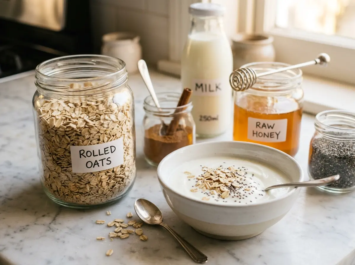 honey-oats-recipe-ingredients Ingredients for honey oats recipe on counter