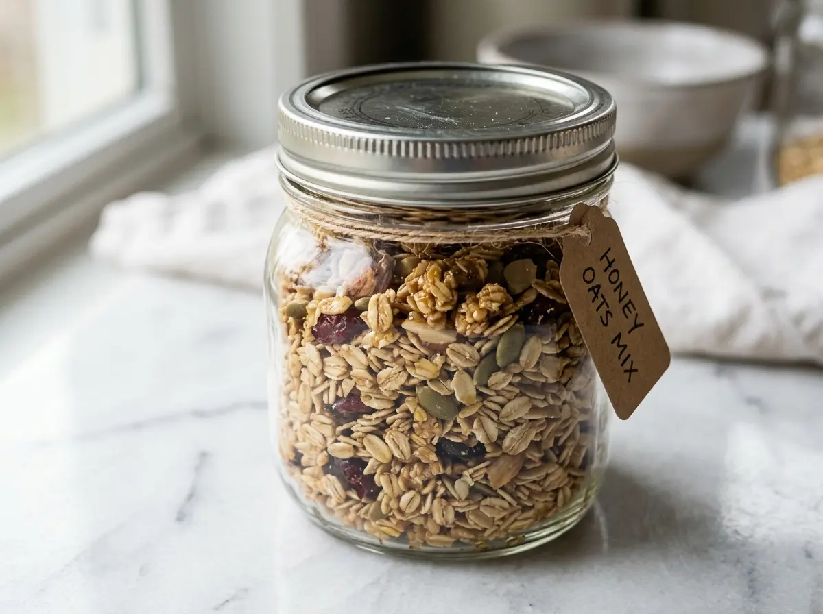 honey-oats-recipe-jar-fridge Sealed jar of honey oats recipe in the fridge