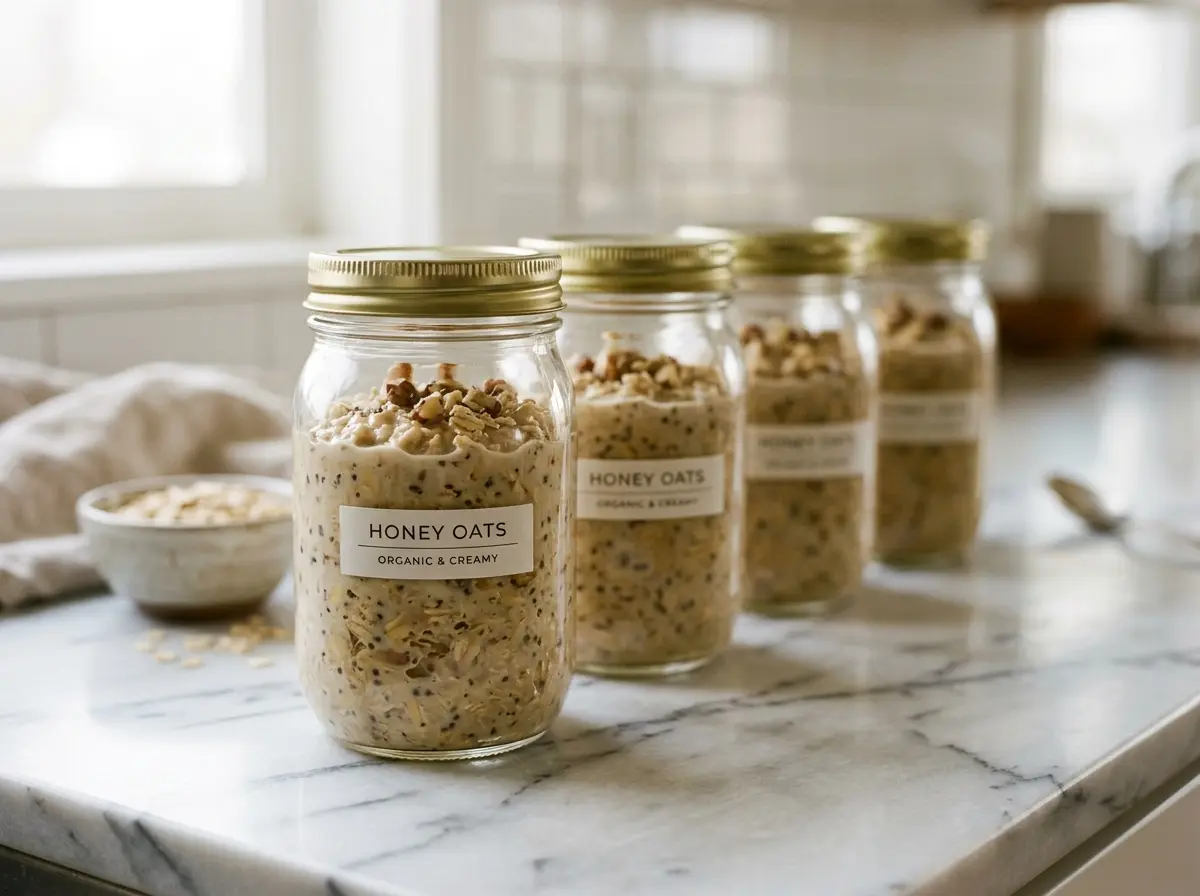 honey-oats-recipe-meal-prep-jars Honey oats recipe prepared in multiple jars for meal prep