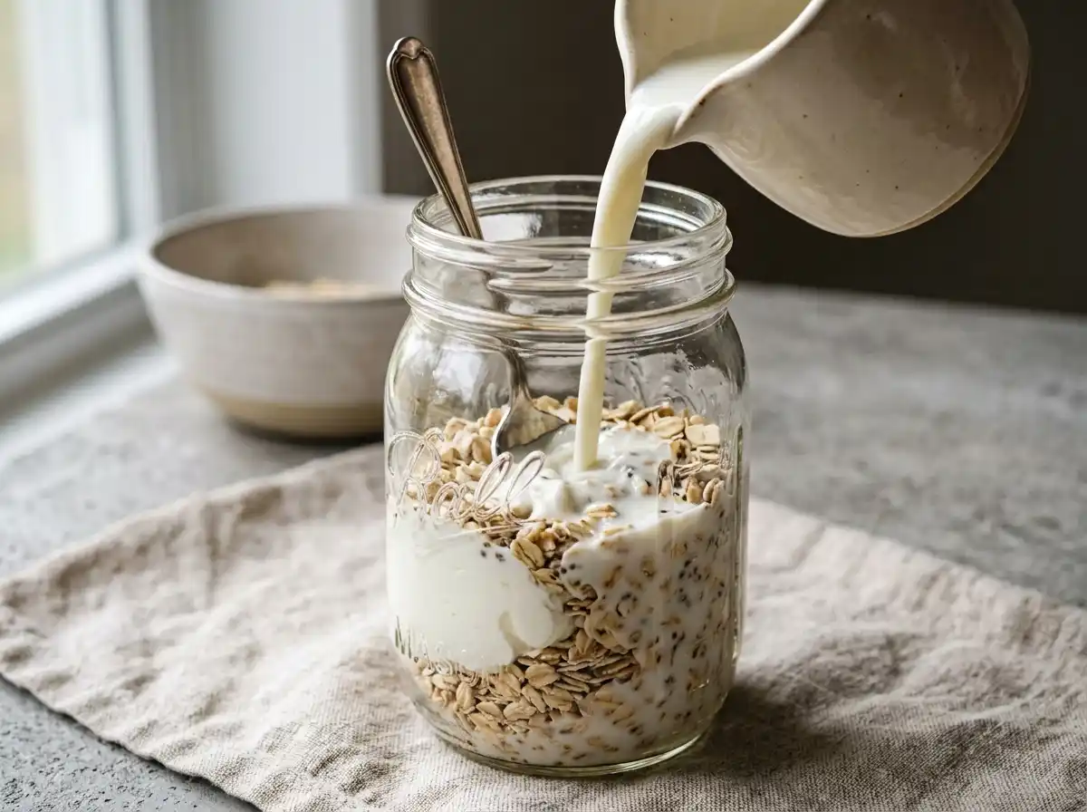 honey-oats-recipe-milk-yogurt Adding milk and yogurt to honey oats recipe