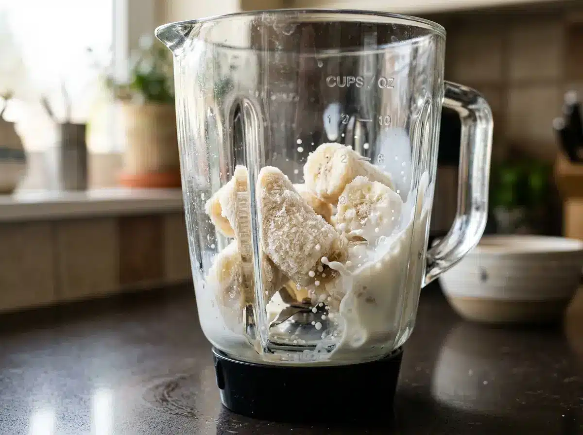 Frozen fruit and milk in blender for how to make a smoothie bowl