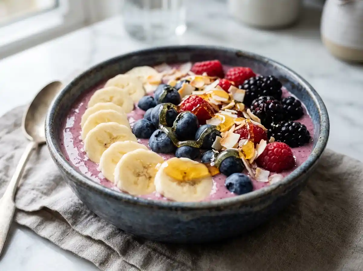 Finished how to make a smoothie bowl with fruit and granola toppings