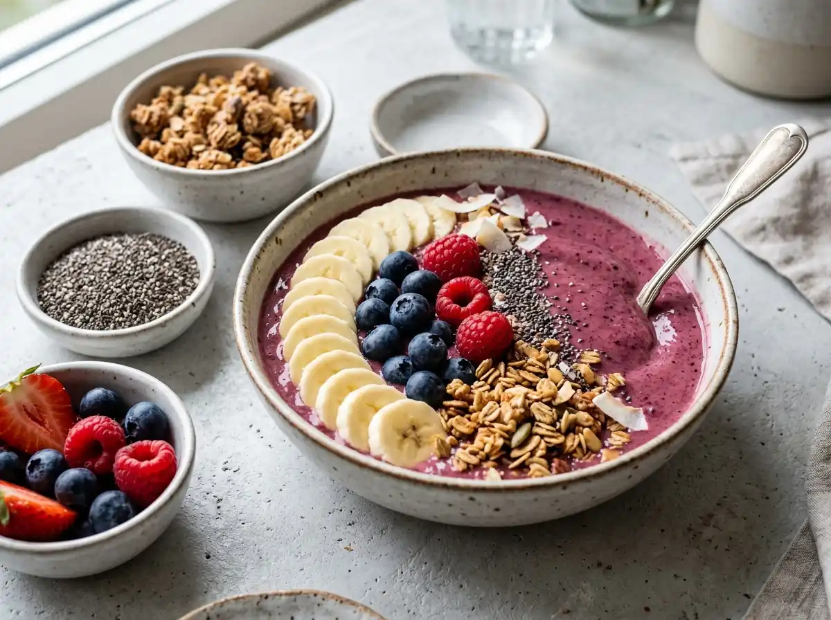 Toppings for how to make a smoothie bowl including granola and berries