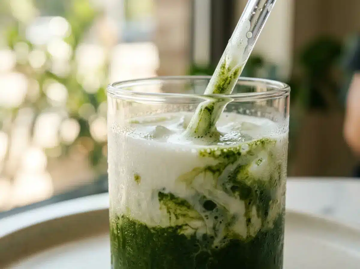 Close up texture of how to make iced matcha latte