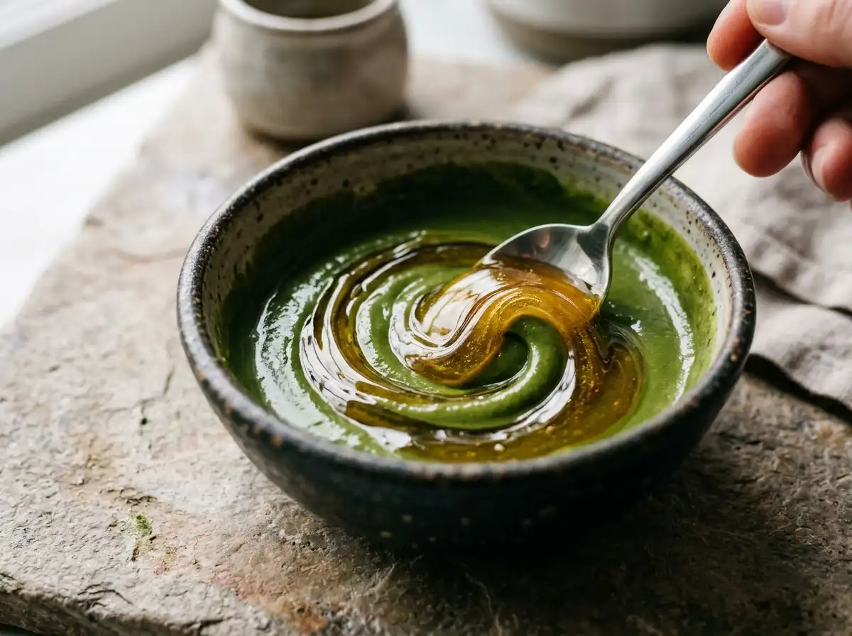 Stirring honey into matcha paste for how to make iced matcha latte