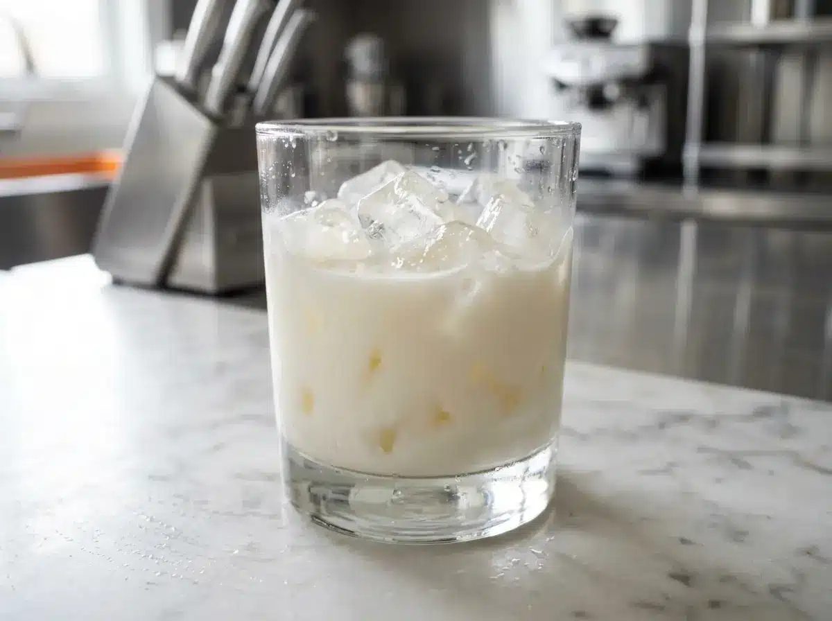 Glass filled with ice and milk for how to make iced matcha latte