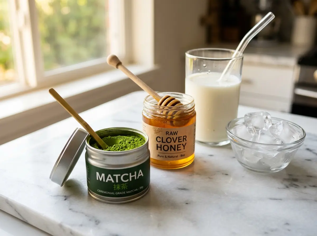 Ingredients for how to make iced matcha latte on counter