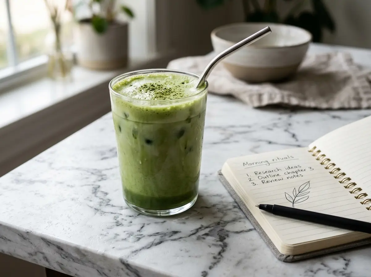Iced matcha latte as part of a morning routine