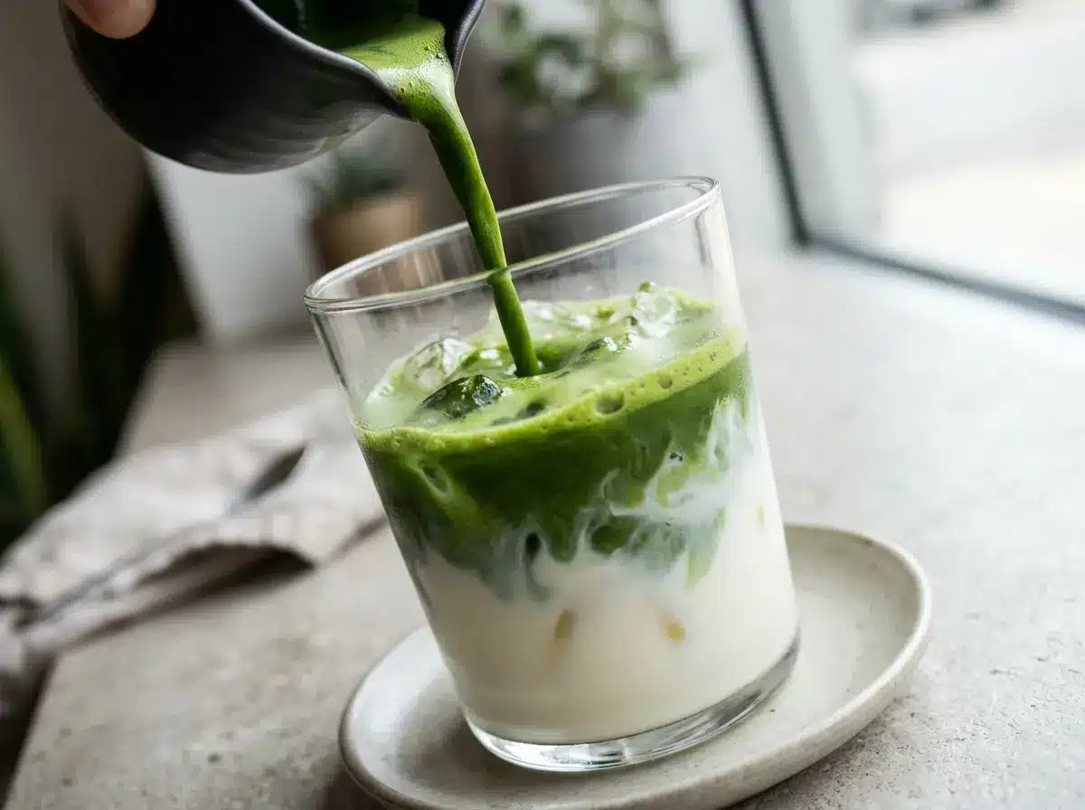 Pouring matcha over milk for how to make iced matcha latte