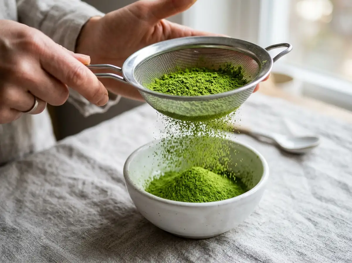 Sifting matcha powder for how to make iced matcha latte