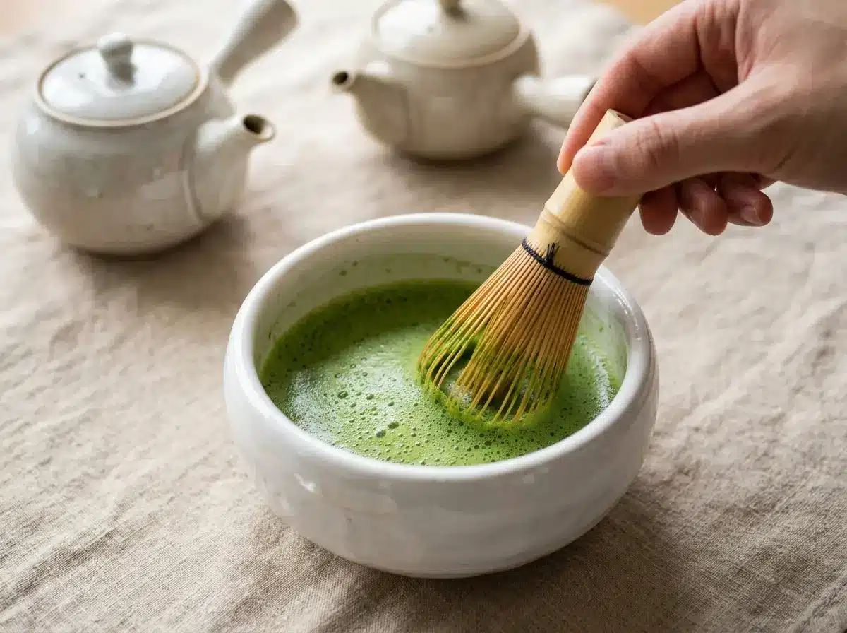 Whisking matcha paste for how to make iced matcha latte