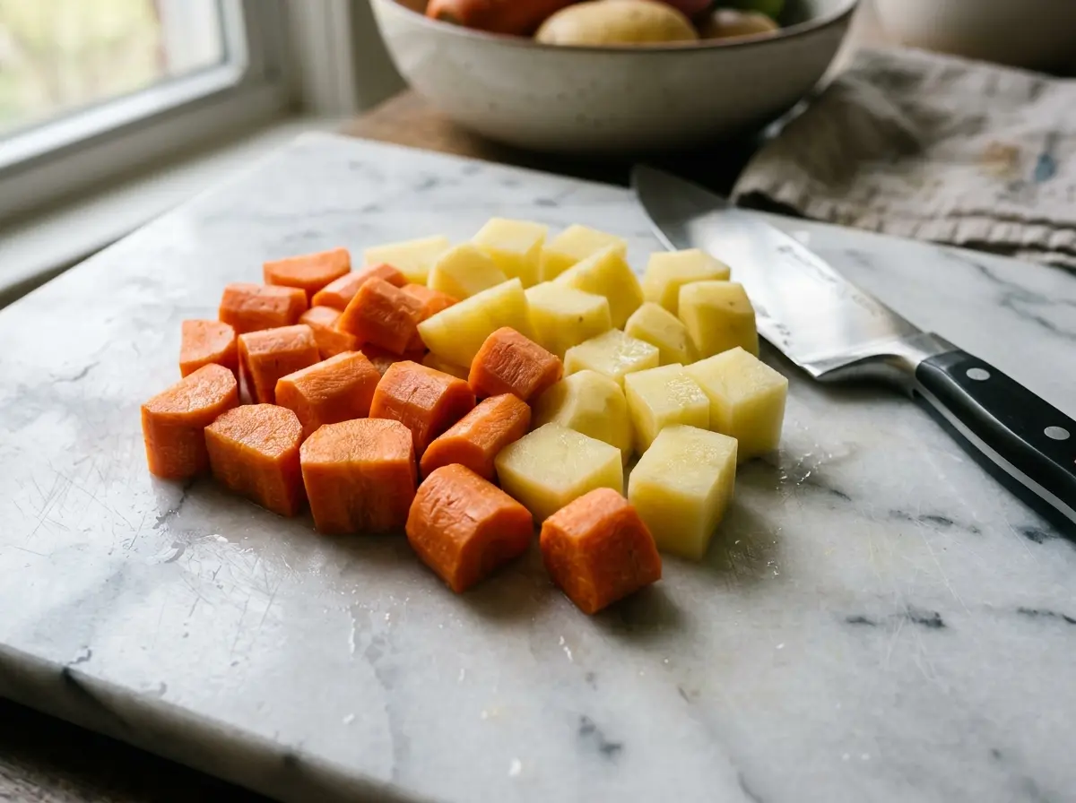 how-to-make-roasted-vegetables-cutting.webp Cutting vegetables evenly for how to make roasted vegetables