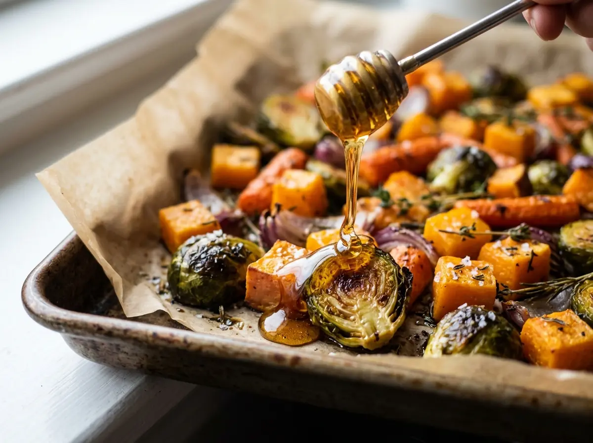 how-to-make-roasted-vegetables-honey-drizzle.webp Drizzling honey on how to make roasted vegetables
