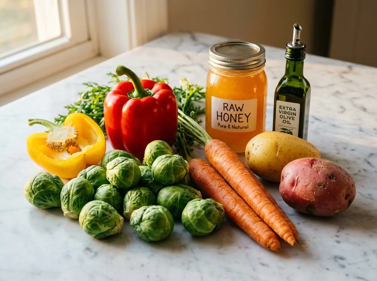 how-to-make-roasted-vegetables-ingredients.webp Ingredients for how to make roasted vegetables on counter