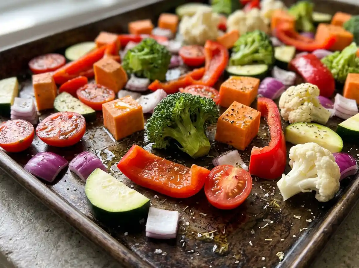 how-to-make-roasted-vegetables-single-layer.webp Vegetables spread in single layer for how to make roasted vegetables