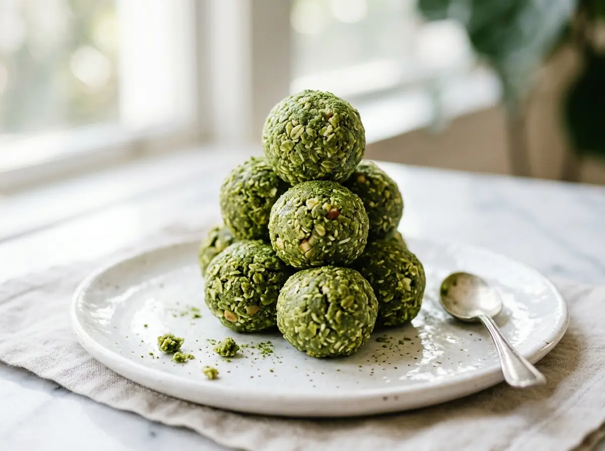Matcha green tea honey protein balls stacked on a plate