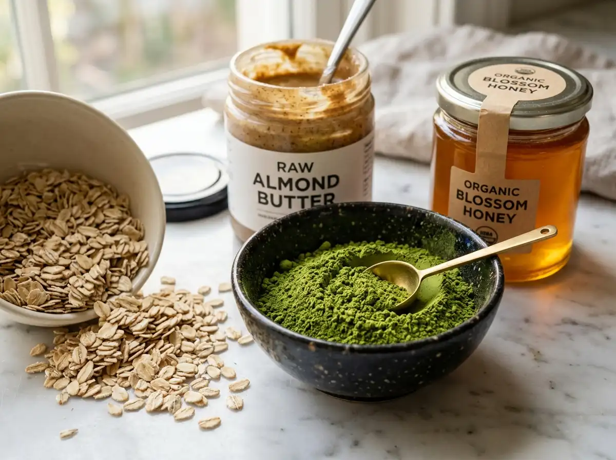 matcha-green-tea-honey-protein-balls-ingredients.webp Ingredients for matcha green tea honey protein balls on counter