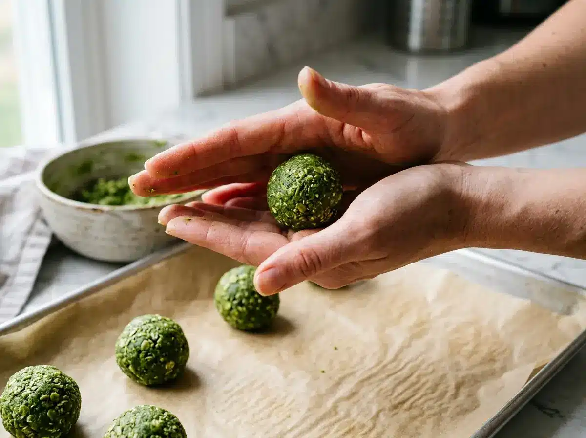 matcha-green-tea-honey-protein-balls-rolling.webp Rolling dough into matcha green tea honey protein balls by hand