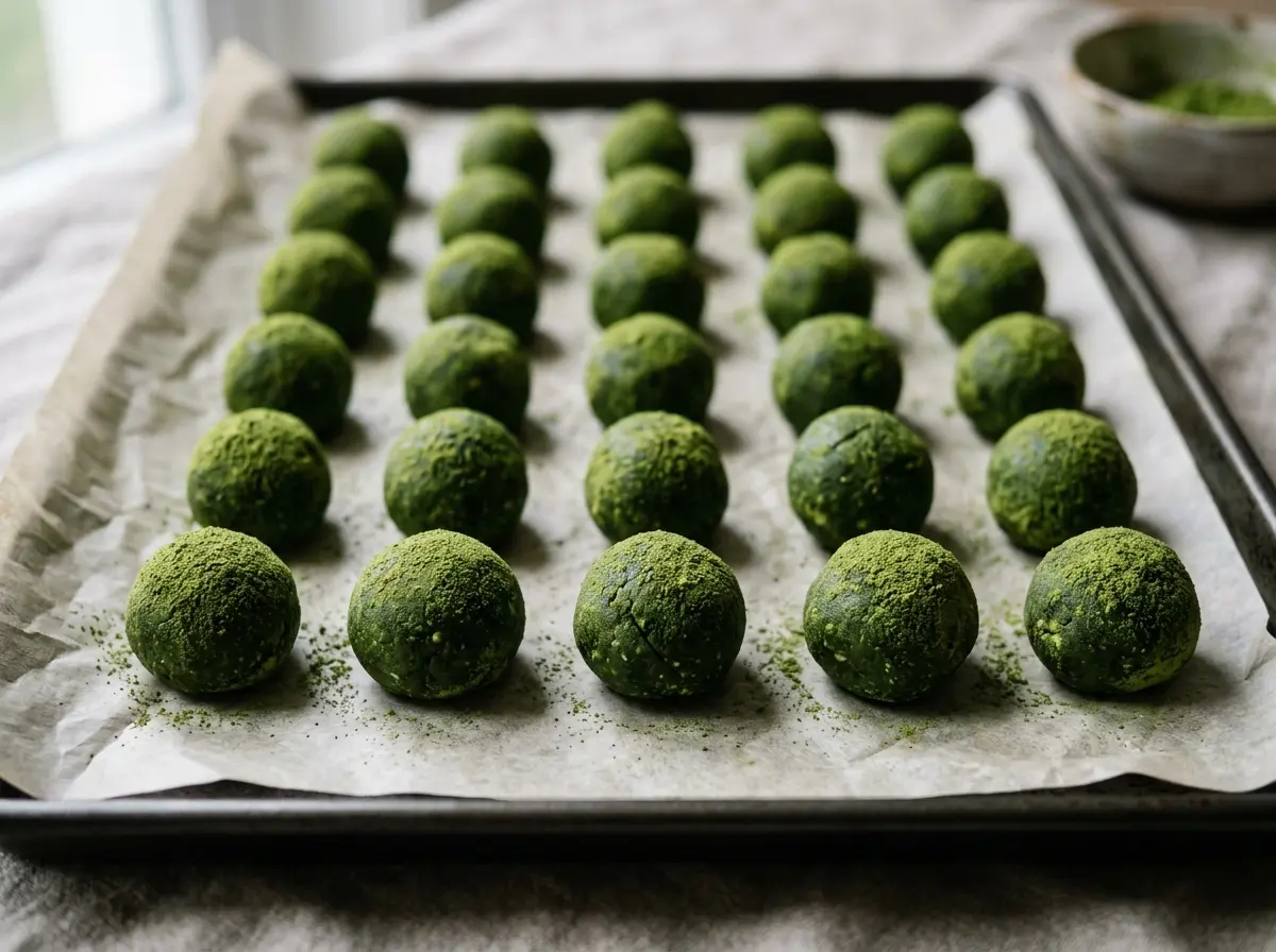 matcha-green-tea-honey-protein-balls-tray-chilling.webp Matcha green tea honey protein balls on tray before chilling