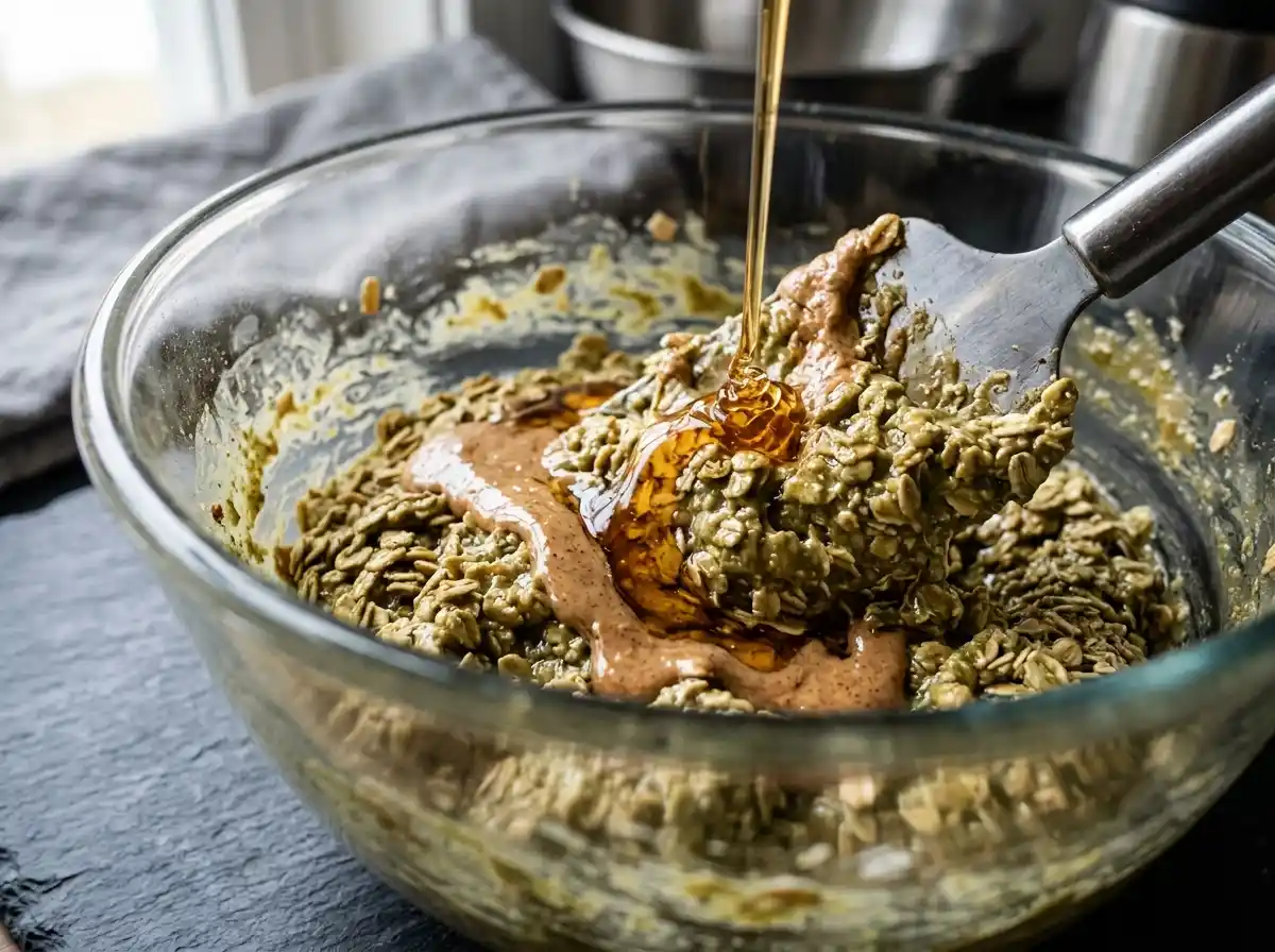 matcha-green-tea-honey-protein-balls-wet-mix.webp Honey and almond butter added to matcha green tea honey protein balls dough