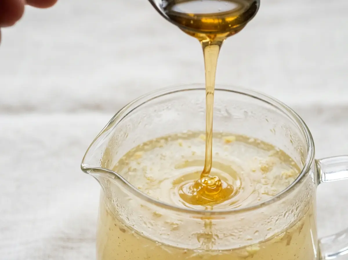Raw honey stirred into a lemon ginger shot mixture