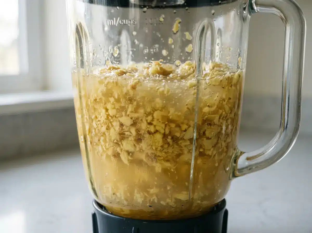 Ginger and lemon being blended for homemade immunity shots