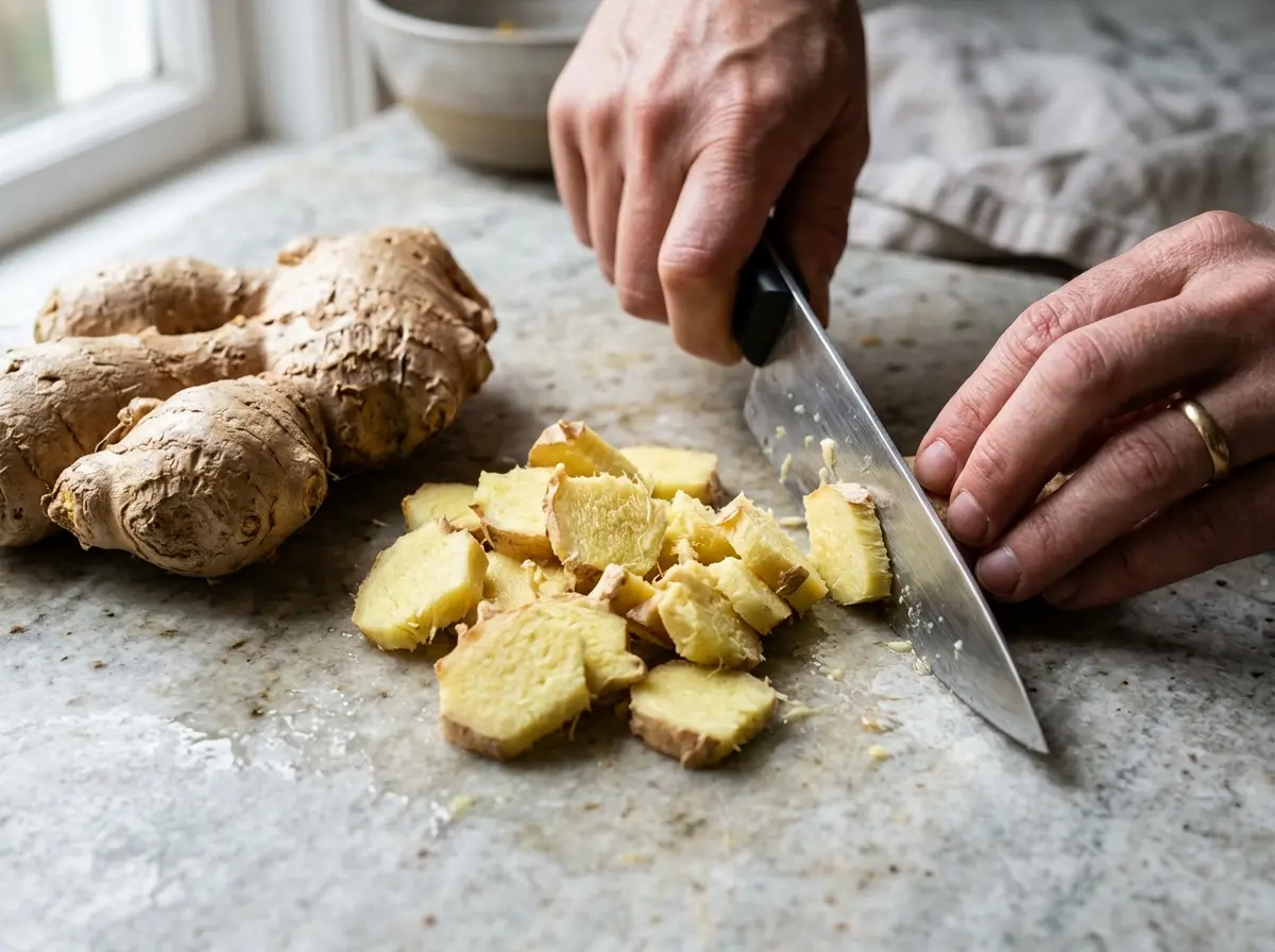 Fresh ginger being chopped for raw honey lemon ginger immunity shots