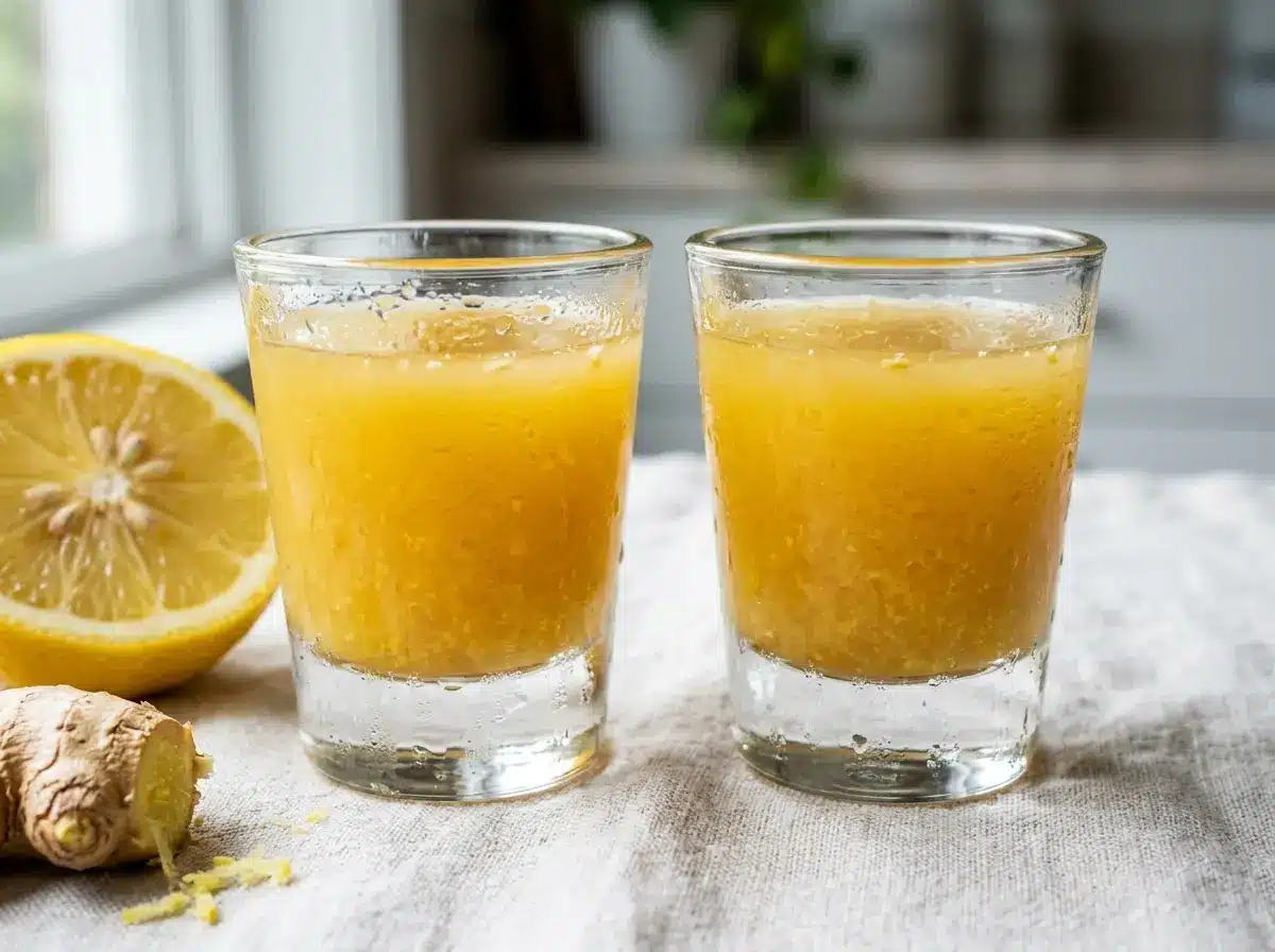 Raw honey lemon ginger immunity shots in small glasses beside fresh ginger and lemon