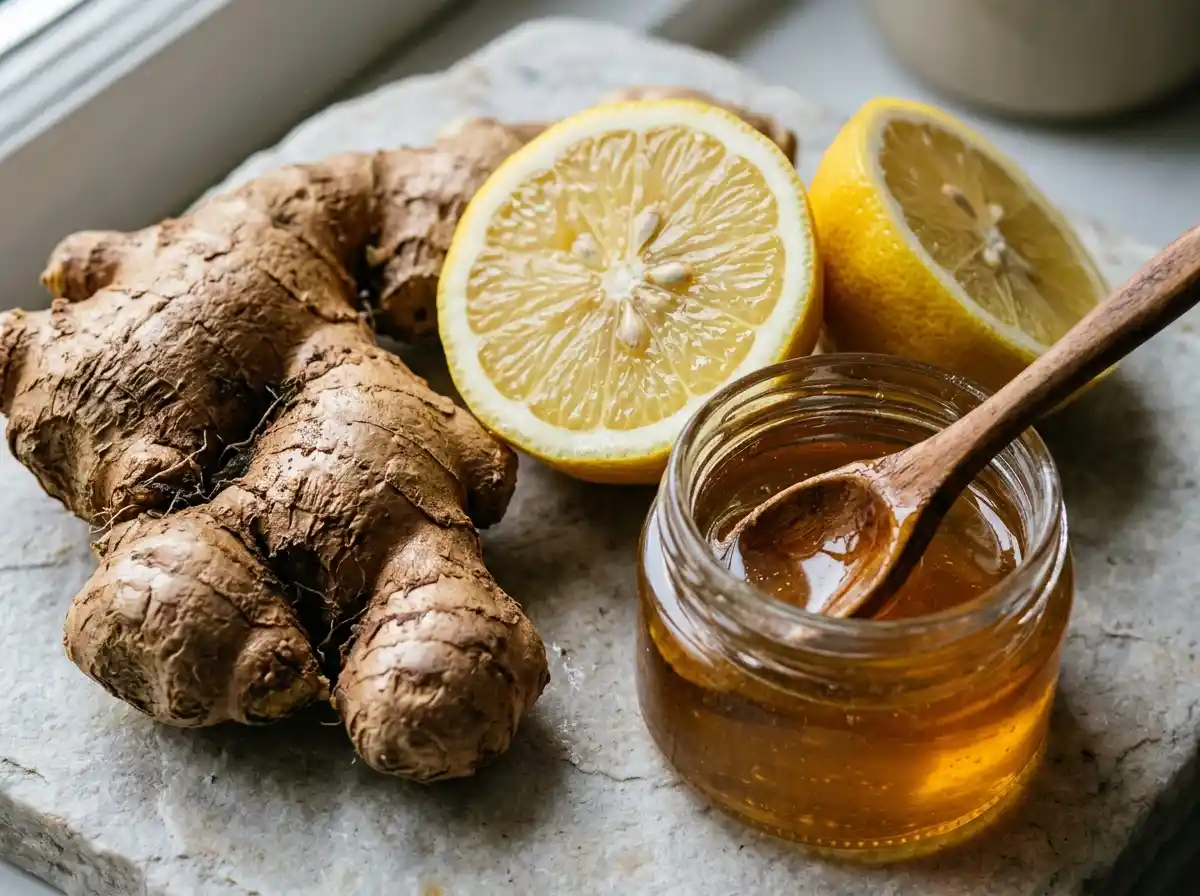 Ginger, lemons, and raw honey for homemade ginger shots