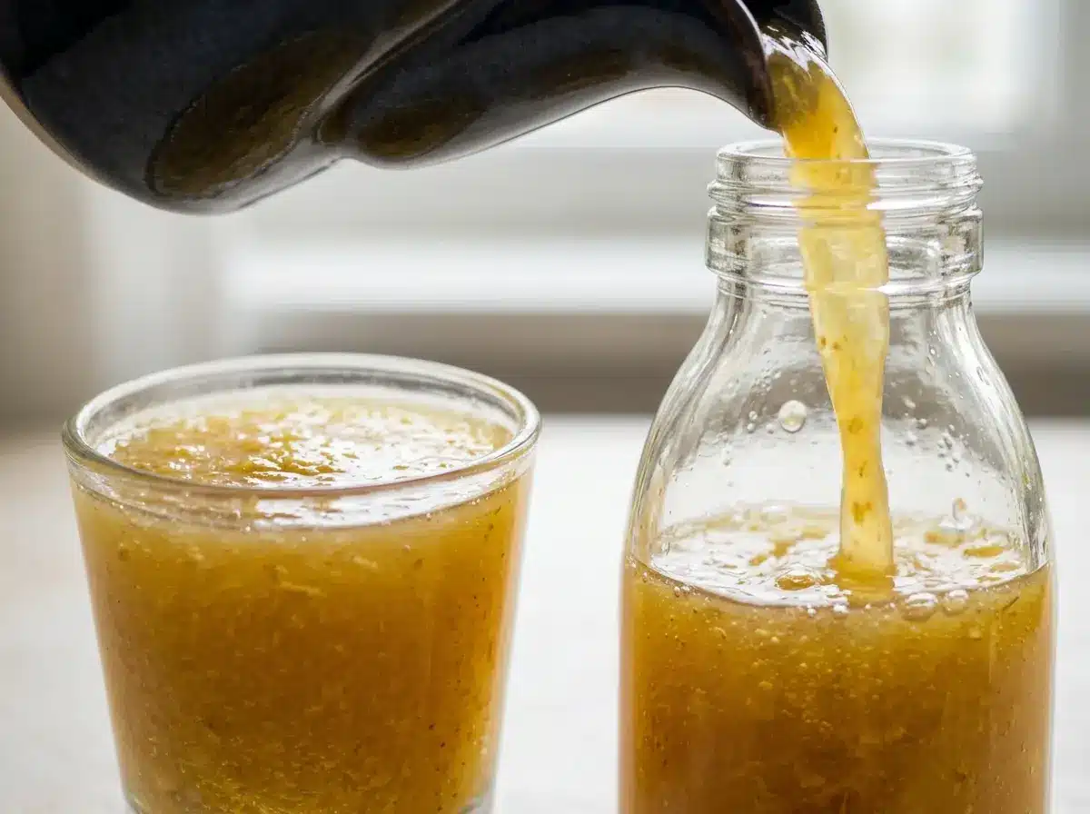 Homemade honey lemon ginger shots poured into small glass bottles