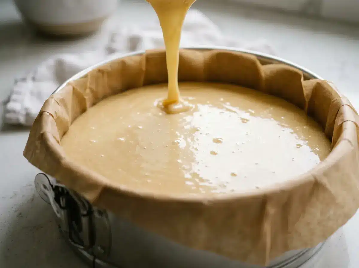 Batter poured into springform pan for sunken honey cake whipped egg whites