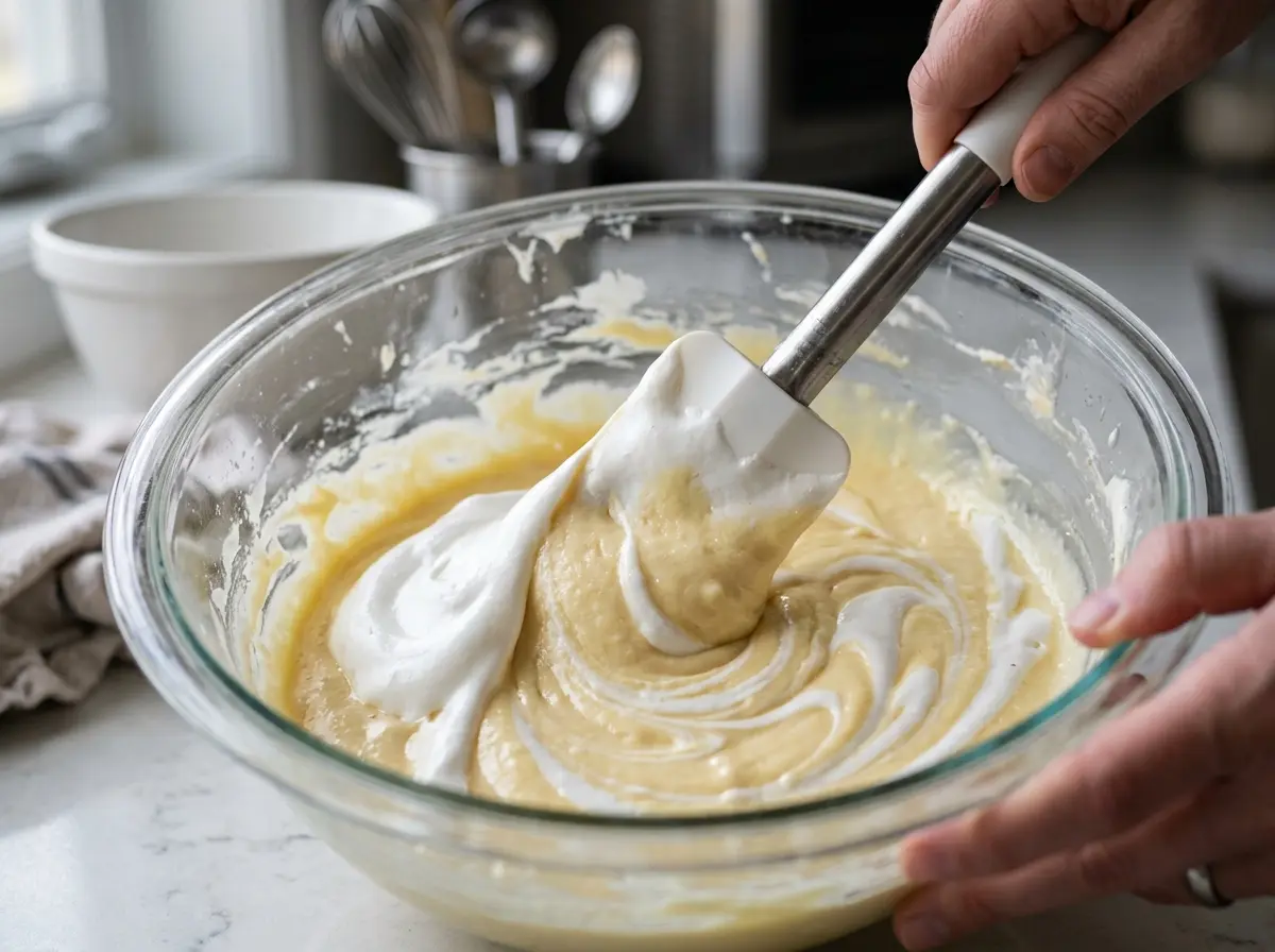 Folding egg whites into batter for sunken honey cake whipped egg whites