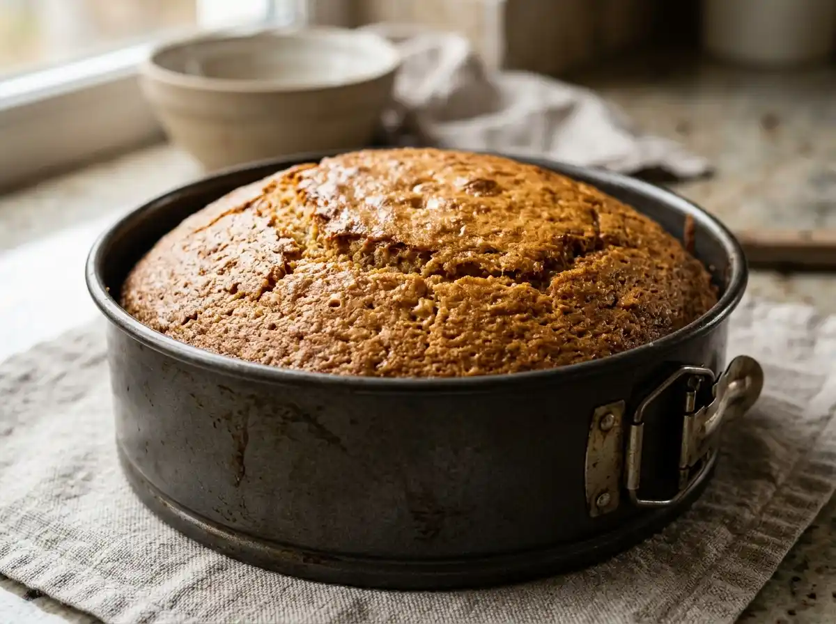 Golden baked sunken honey cake whipped egg whites with jiggly center