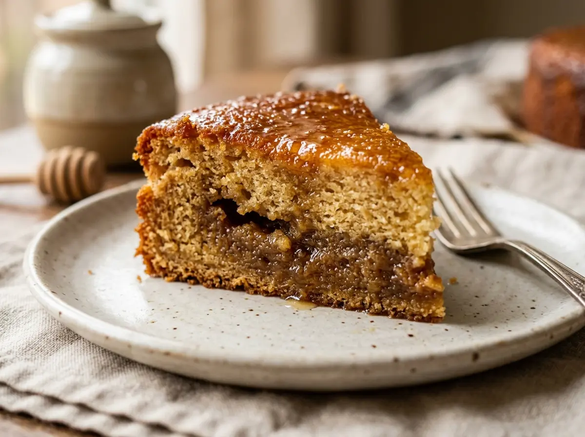 Sunken honey cake whipped egg whites sliced showing soft center