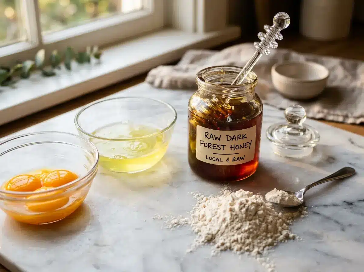  Ingredients for sunken honey cake whipped egg whites on counter