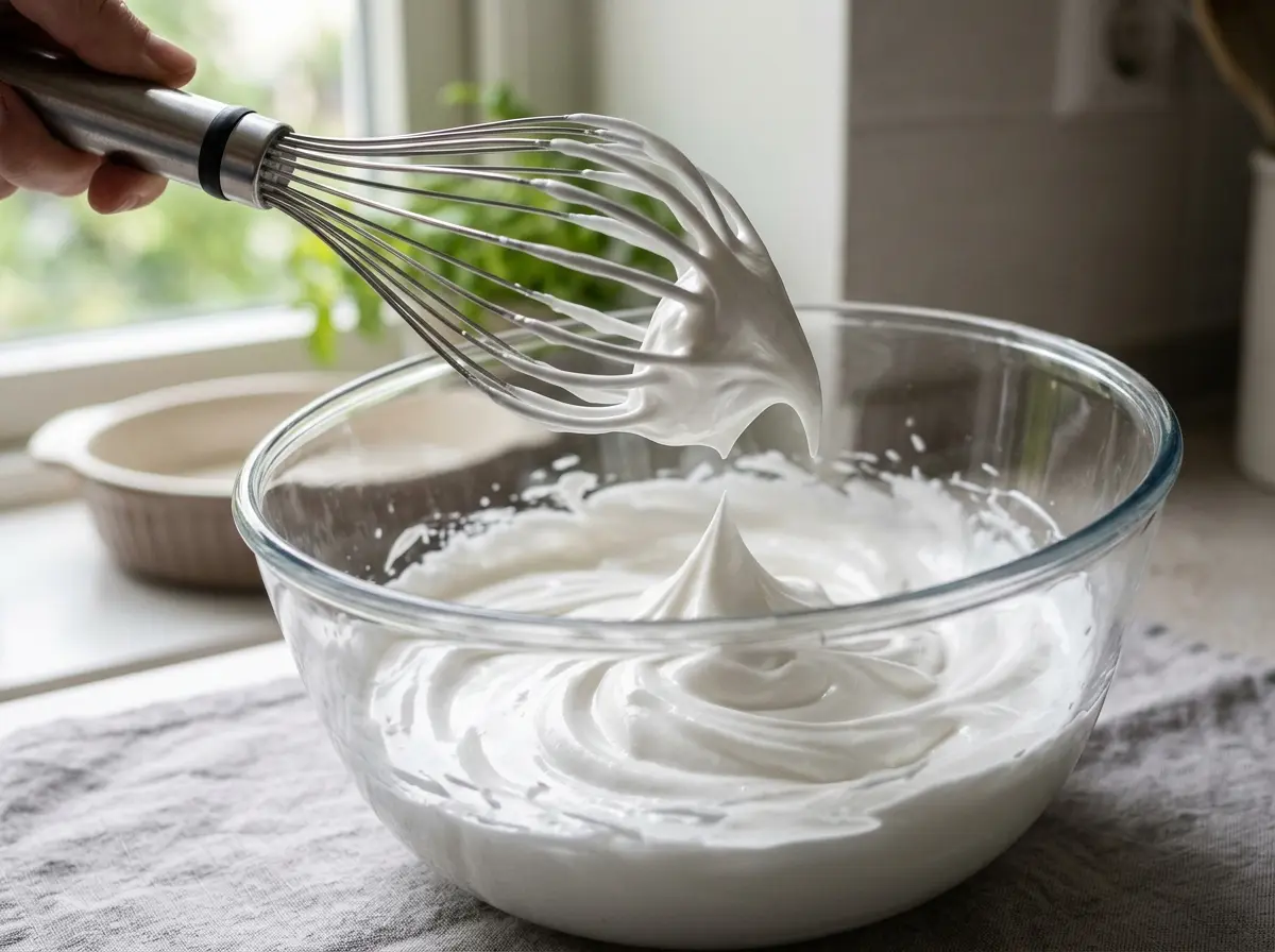 Stiff peaks of whipped egg whites for sunken honey cake