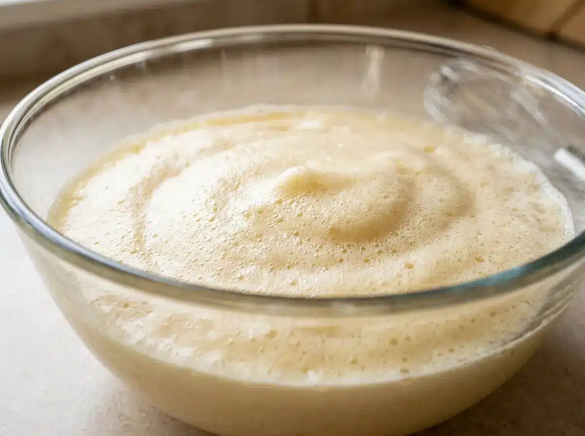 Whisked egg yolks and honey for sunken honey cake whipped egg whites