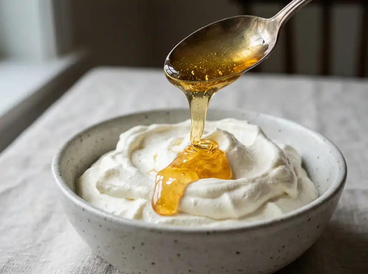 Honey drizzled into whipped cream for honey whipped cream