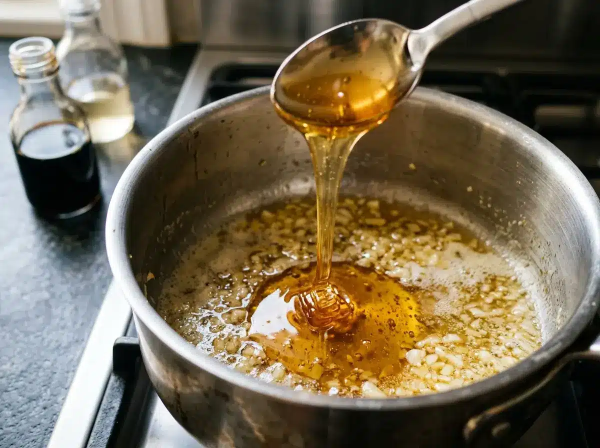 Honey, soy sauce, and vinegar added to honey garlic butter sauce