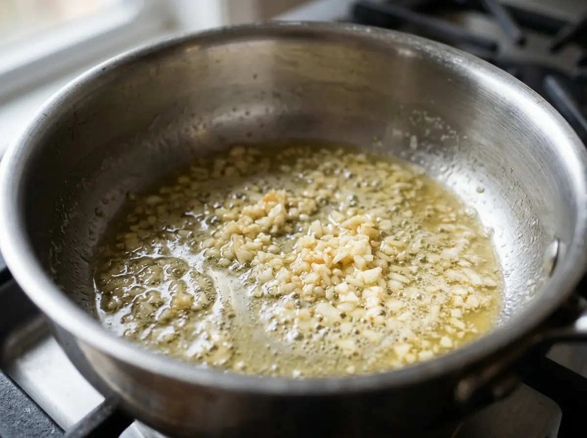  Minced garlic cooking in butter for honey garlic butter sauce