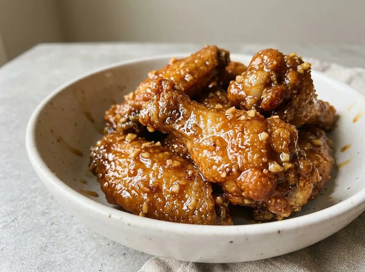 Honey garlic butter sauce coating chicken wings