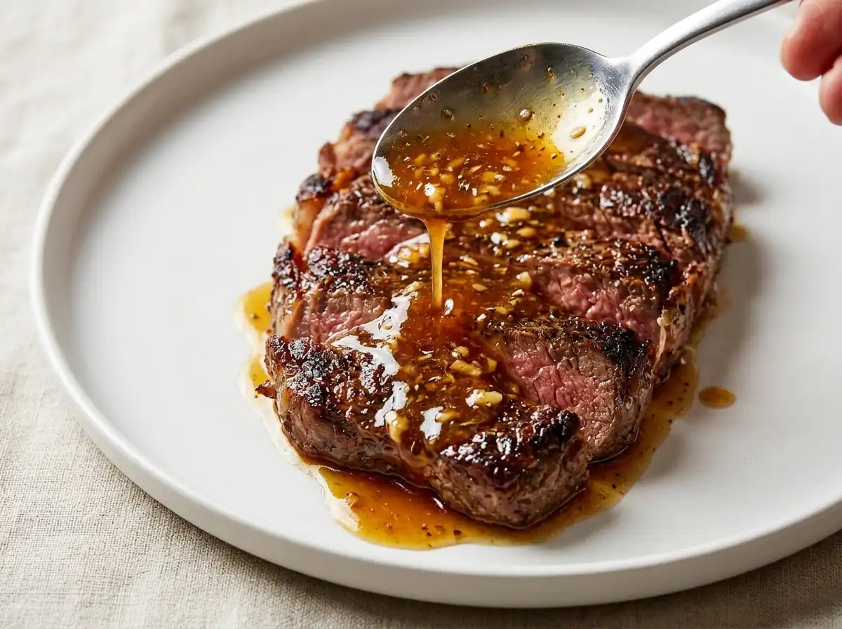 Honey garlic butter sauce spooned over sliced steak