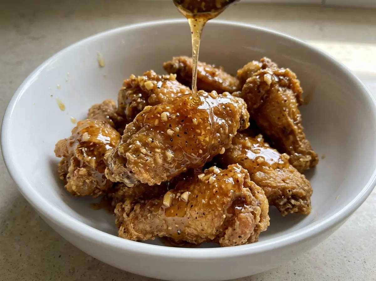 Honey garlic butter sauce drizzled over chicken wings