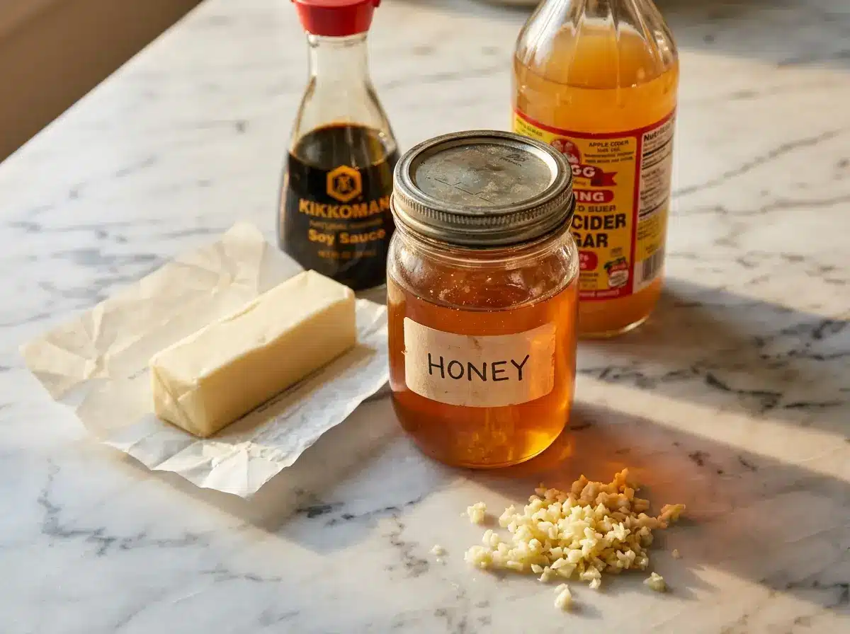 Ingredients for honey garlic butter sauce on counter