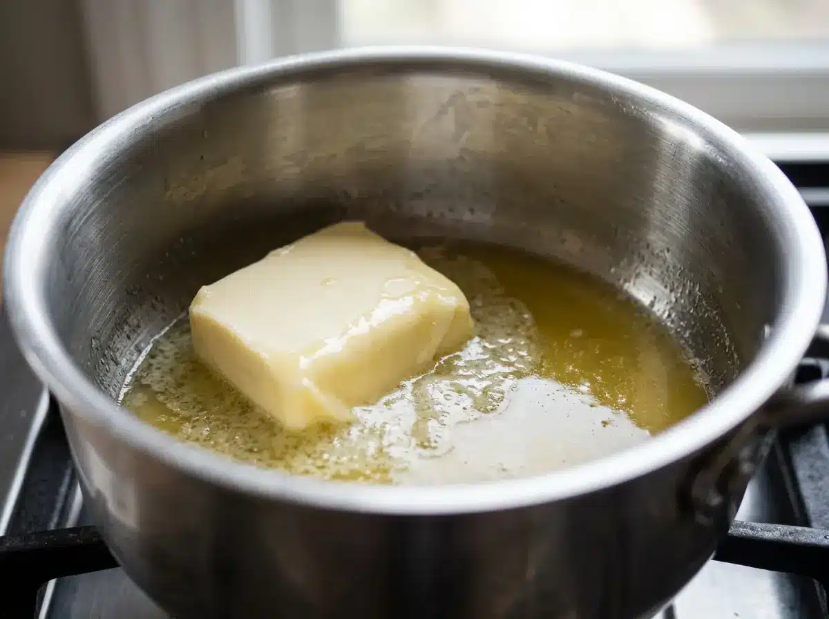 Butter melting in a saucepan for honey garlic butter sauce