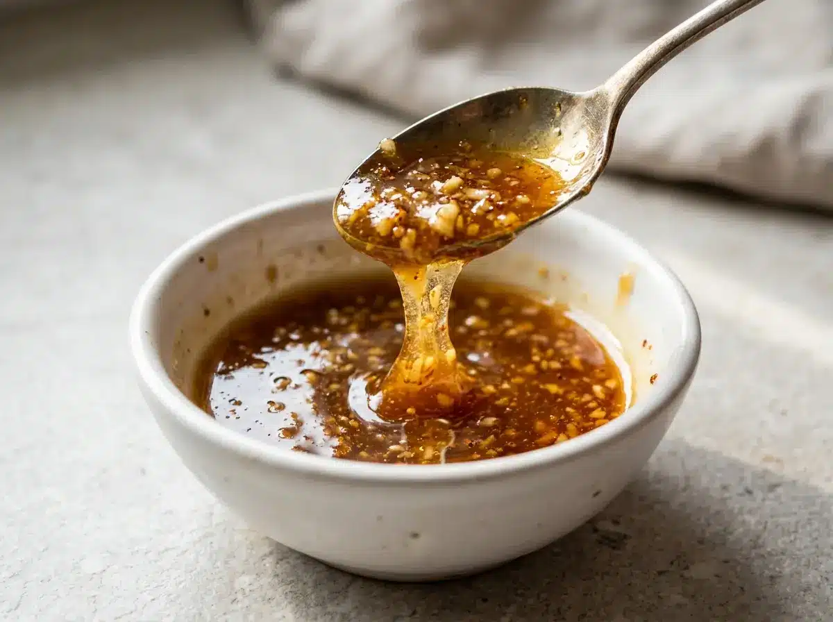 Finished honey garlic butter sauce in a small bowl with a spoon