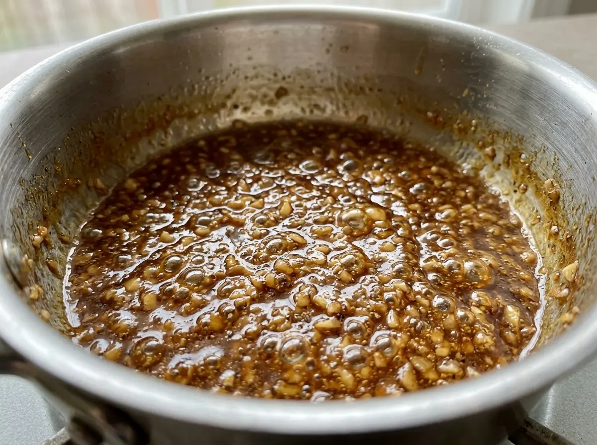 Honey garlic butter sauce simmering to a sticky glaze